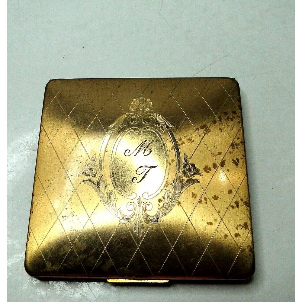 Vintage Elgin American USA Mirror Powder Compact Square Goldtone Marked Engraved